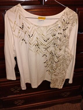 Ruby Rd Large 3/4 Length Sleeve, Sequin White And Gold Top